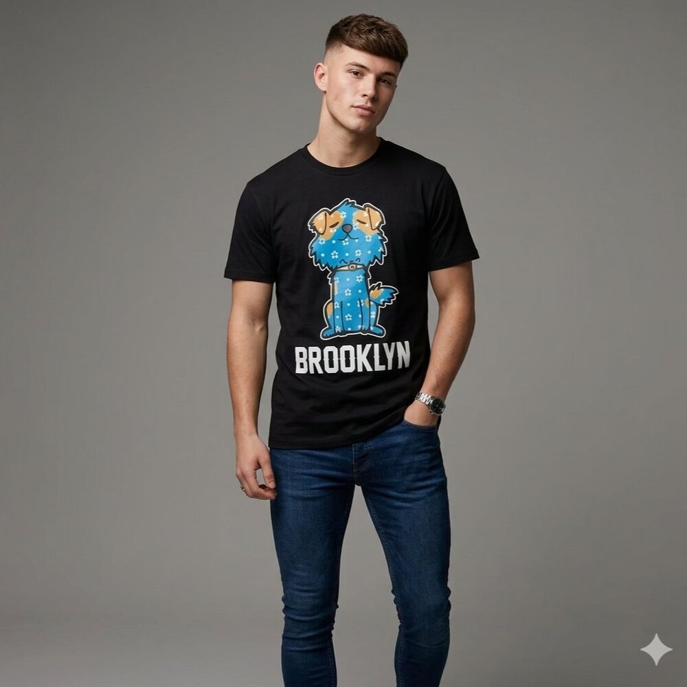 Brooklyn Vinnies Signature Blue Dog Graphic Print Short Sleeve Black Shirt Small